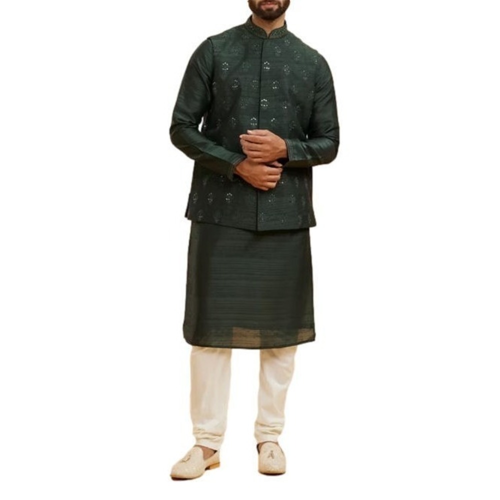 Twamev Men's Bottle Green Silk Buta Mirror Embroidered Kurta Jacket Set - L (40)